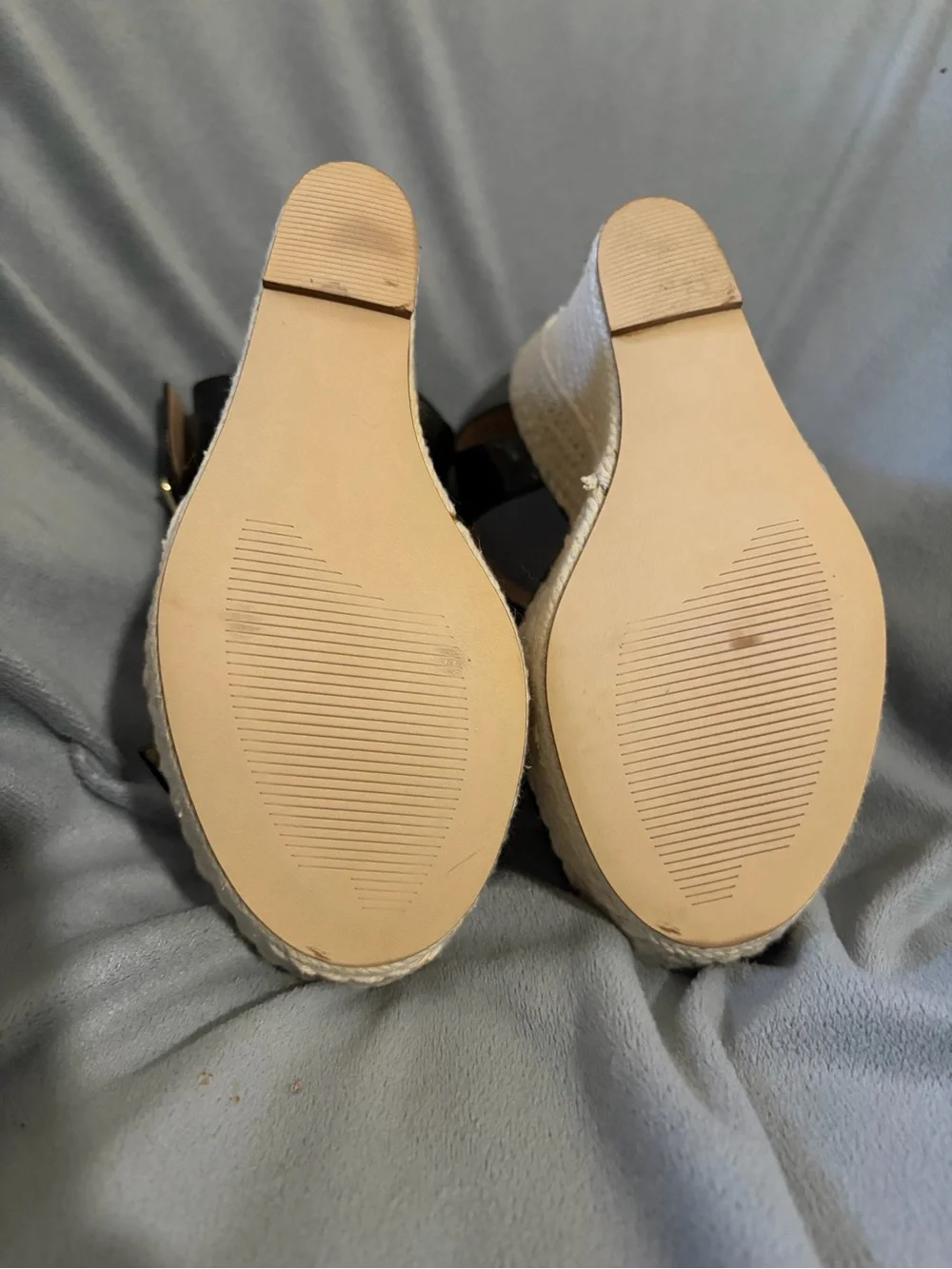 Steve Madden Black Patent Espadrille Wedge Sandals with Gold Buckles